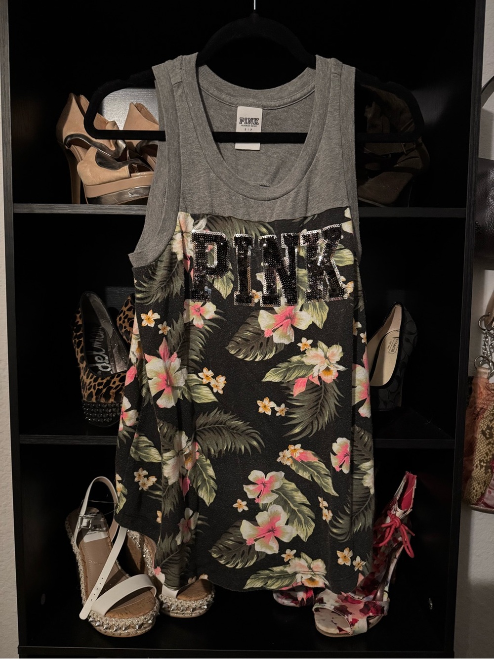 Victoria's Secret PINK Black Floral Tank with Gray Yoke